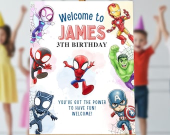 Watercolor Spidey Welcome Sign Template – Editable Spidey and his amazing friends Birthday Party Sign, Printable Decor, Instant Download