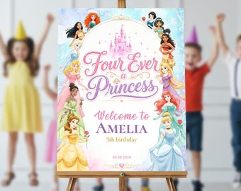 Four Ever A Princess Welcome Sign | 4 Years Old Girl Sign | Princess 4th Birthday Decoration, Royal Theme Girl EDITABLE Template Download