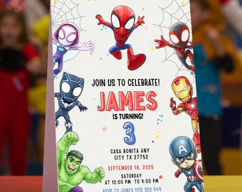 Redigerbar Spidey och hans fantastiska vänner födelsedagsinbjudan, Spidey födelsedagsinbjudan, Spidey digitalt inbjudningskort direktnedladdning