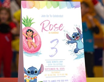 Lilo and Stitch Pool Party Birthday Invitation Canva Template, Girl Party Invite, Pink Watercolor Editable Digital Download, Instant Access