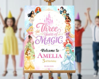 Three Years of Magic Welcome Sign | 3 Years Old Girl Sign | Princess 3rd Birthday Party decor, Royal Theme Girl EDITABLE Template