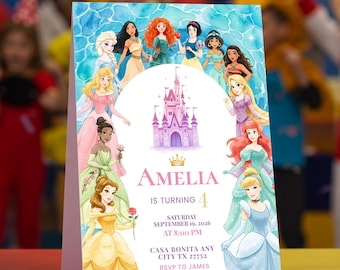 Princess Pool Party Birthday Invitation, Summer Birthday Invite, Editable Canva Template, Girls Pool Party Digital Download