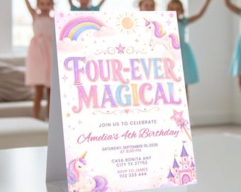 Editable Unicorn 4th Birthday Invitation Four Ever Magical Party Invite Pastel Fourth Birthday Template, 4 Years Old Girl Invite