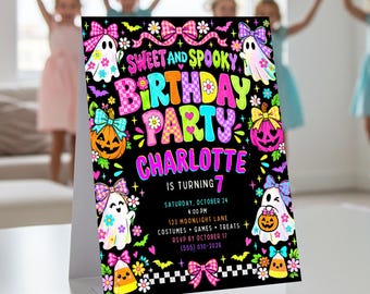 Sweet and Spooky Halloween Birthday Invitation Cute Bow Ghost Girl Party Invite Coquette Neon Pastel Printable Card Editable Template