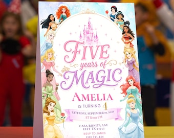 Five Years of Magic Birthday Invitation | 5 Years Old Girl Invite | Princess 5th Birthday Party Invite, Royal Theme Girl EDITABLE Template
