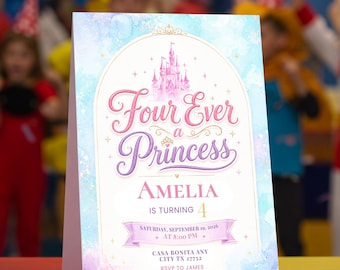 Four Ever A Princess Birthday Invitation | 4 Years Old Girl Invite | Princess 4th Birthday Party Invite, Royal Theme Girl EDITABLE Template