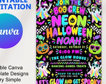Neon Boo Crew Halloween Invitation Glow Disco Ghost Party Invite Spooky Dance Birthday Card Digital Printable Template Editable