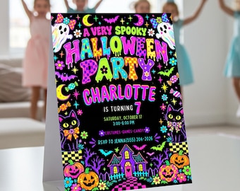 Retro 80s Halloween Birthday Invitation Neon Spooky Party Ghost Invite Vintage 80s Arcade Glow Party Printable Card Editable Template