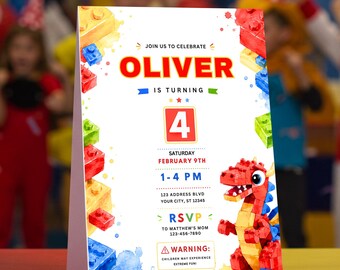 Building Blocks Dinosaur Birthday Invitation, Editable Kids Birthday Invite, Colorful Brick Party Invitation, Digital Download