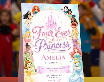 Four Ever A Princess Birthday Invitation | 4 Years Old Girl Invite | Princess 4th Birthday Party Invite, Royal Theme Girl EDITABLE Template