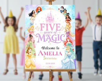 Five Years of Magic Welcome Sign | 5 Years Old Girl Sign | Princess 5th Birthday Party decor, Royal Theme Girl EDITABLE Template
