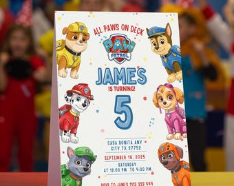 Editable Paw-ty Birthday Invitation Template, Puppies Birthday Invitations, Digital Dogs Patrol Party Invite Template, Boys & Girls Invite