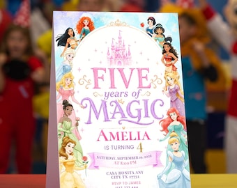 Five Years of Magic Birthday Invitation | 5 Years Old Girl Invite | Princess 5th Birthday Party Invite, Royal Theme Girl EDITABLE Template