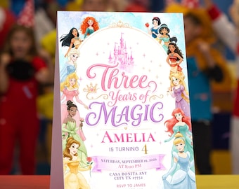 Three Years of Magic Birthday Invitation | 3 Years Old Girl Invite | Princess 3rd Birthday Party Invite, Royal Theme Girl EDITABLE Template