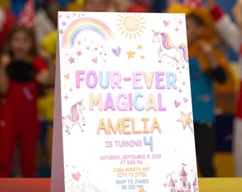 Editable Unicorn 4th Birthday Invitation Four Ever Magical Party Invite Pastel Fourth Birthday Template, 4 Years Old Girl Invite