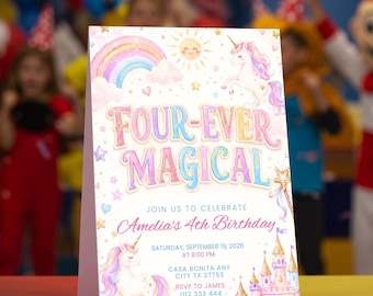 Editable Unicorn 4th Birthday Invitation Four Ever Magical Party Invite Pastel Fourth Birthday Template, 4 Years Old Girl Invite