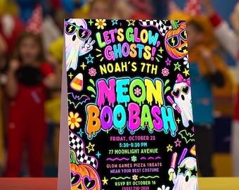 Neon Halloween Birthday Invitation Glow Boo Bash Party Invite Retro Spooky Ghost Printable Card Editable Template Birthday Boy Girl