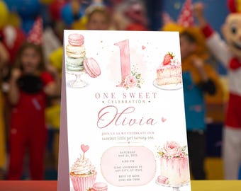 One Sweet Celebration Birthday Invitation, 1st Birthday Girl Invite, Pink Watercolor First Birthday Editable Template