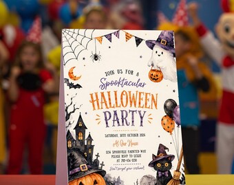 Halloween Party Invitation Template, Editable Halloween Birthday Invite, Watercolor Ghost Pumpkin Invite, Halloween Party Canva Template