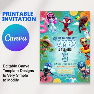 Puede incluir: Una colorida invitación imprimible con temática de fiesta en la piscina. La invitación presenta personajes de dibujos animados, el texto "¡Únete a nosotros para celebrar! James cumple 3 años" y detalles del evento. El diseño de la plantilla de Canva es fácil de modificar.