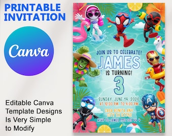 Superhero Pool Party Birthday Invitation, Spidey and His Amazing Friends Birthday Invitation, Spidey digital invitation card download