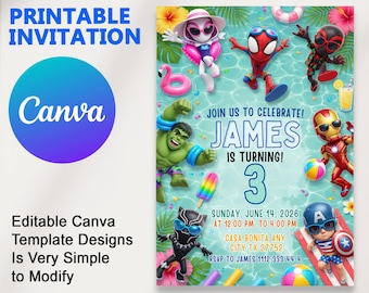 Avengers Pool Party Birthday Invitation, Spidey and His Amazing Friends Birthday Invitation, Spidey digital invitation card download