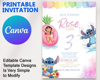 Lilo and Stitch Pool Party Birthday Invitation Canva Template, Girl Party Invite, Pink Watercolor Editable Digital Download, Instant Access