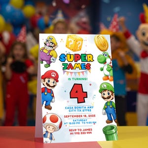 Faire-part d'anniversaire modifiable Super Mario pour garçons – Modèle imprimable sur toile avec Mario, Luigi, Yoshi et ses amis | Fête du jeu vidéo