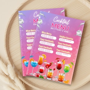 Edytowalny szablon menu koktajli i napojów dla barów i imprez | Ulotka menu napojów do druku | Pobierz cyfrowe menu baru