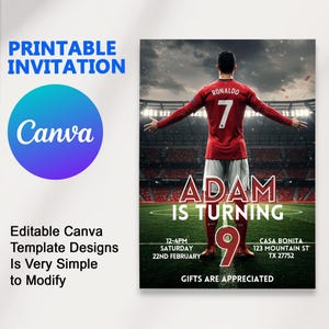 Thème d'invitation d'anniversaire Ronaldo | Modèle de toile d'invitation d'anniversaire de football en téléchargement numérique pour garçons | Accès instantané