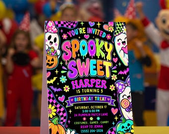Spooky One Sweet Halloween Birthday Invitation Neon Cute Ghost Invite Printable Girl Birthday Card Pastel Spooky Template Editable