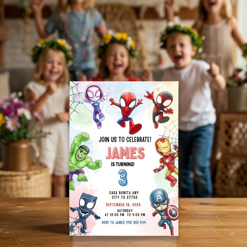 May include: A colorful invitation featuring various superhero characters, including Spider-Man, Iron Man, and Captain America. The invitation text reads "Join us to Celebrate! James is turning 3." Additional details include the party's date, time, and RSVP information.