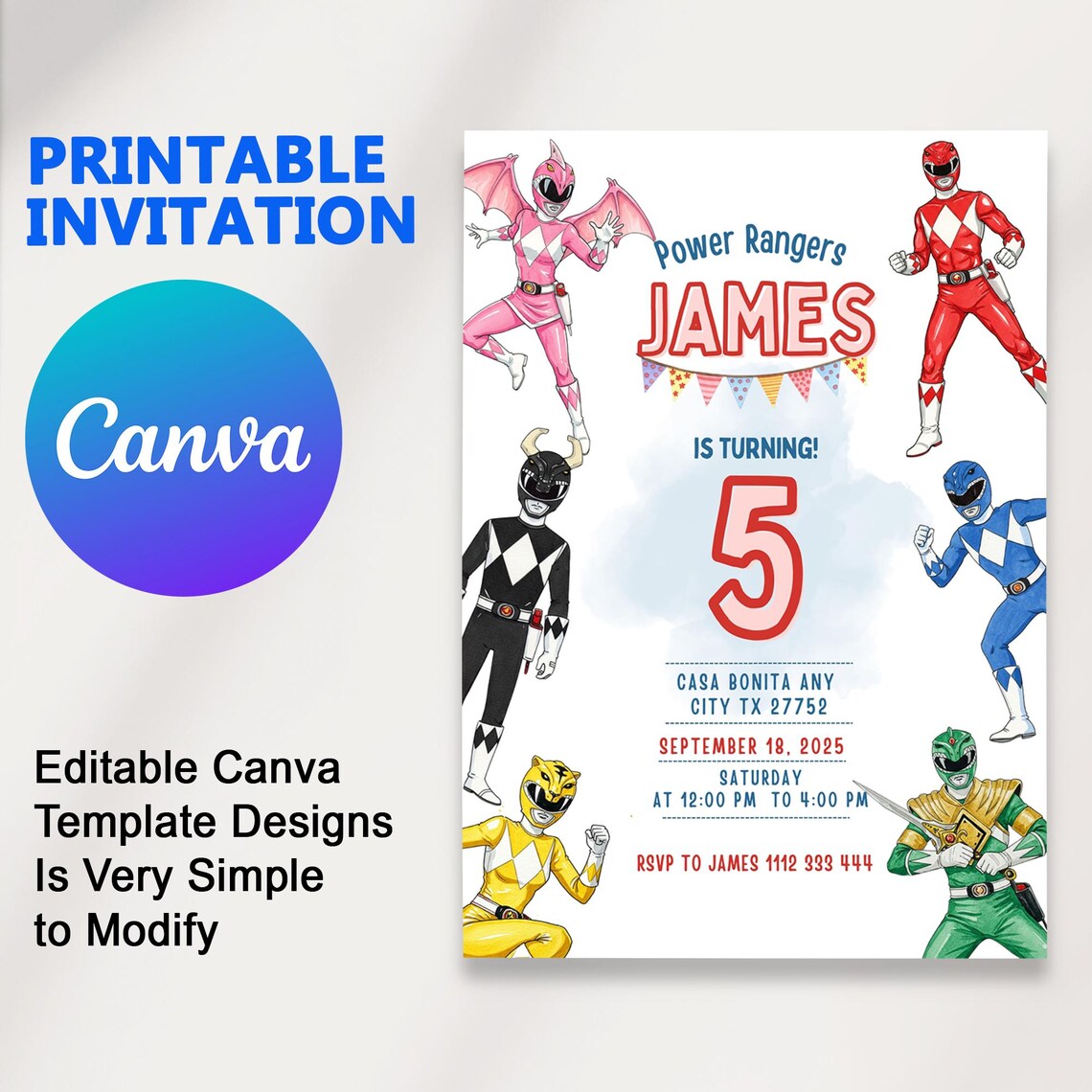 Power Rangers Birthday Invitation | Power Rangers Invite | Printable ...