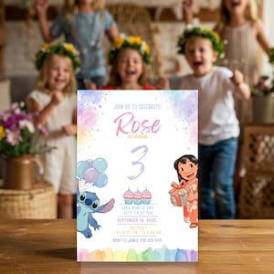 Modelo de convite de aniversário editável de Lilo e Stitch no Canva, convite para festa de menina, download digital em aquarela rosa, acesso instantâneo