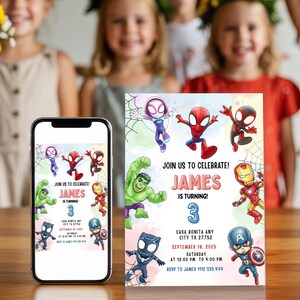 May include: A birthday party invitation featuring various superhero characters, including Spider-Man, Hulk, and Captain America. The invitation is red and includes the text "Join us to celebrate! James is turning 3." A smartphone displays a similar invitation.