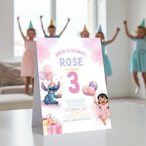 Modelo de convite de aniversário editável de Lilo e Stitch no Canva, convite para festa de menina, download digital em aquarela rosa, acesso instantâneo