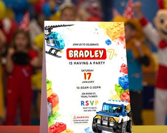 Building Blocks Vehicle Birthday Invitation, Construction Birthday Invite, Editable Kids Party Invitation, Digital Download Template