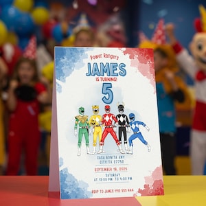 Convite de aniversário dos Power Rangers em aquarela, convite dos Power Rangers, convite de aniversário para imprimir, convite de aniversário infantil, editável pela Canva