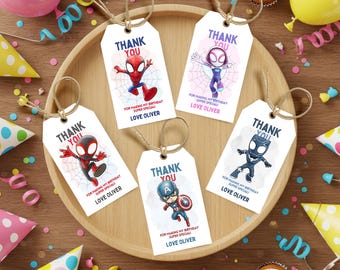Spidey and friends Thank You Tags Template, Spidey and His Amazing Friends Favors, Editable Superhero favors, Spiderman tga Digital Download
