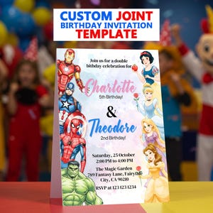 Może przedstawiać: Złożone zaproszenie urodzinowe z tekstem "CUSTOM JOINT BIRTHDAY INVITATION TEMPLATE". Zaproszenie zawiera superbohaterów Marvela i księżniczki Disneya. Zawiera szczegóły wydarzenia na urodziny Charlotte i Theodore.