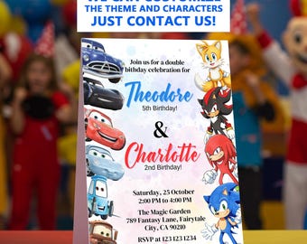Sonic and Cars Lightning McQueen joint Birthday Invitation Template | Double Party Invite Template (Digital)