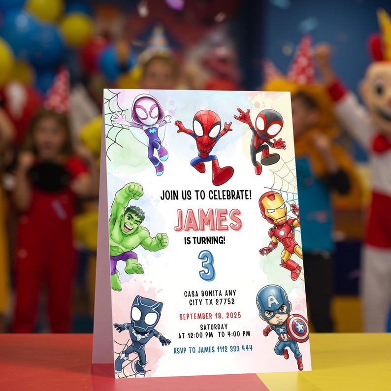 May include: A colorful birthday party invitation featuring various superhero characters. The invitation includes the text "JOIN US TO CELEBRATE! JAMES IS TURNING 3" along with event details. The design incorporates a watercolor effect and superhero illustrations.