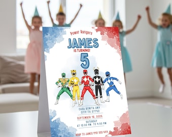 Invitación de cumpleaños de los Power Rangers en acuarela, invitación de los Power Rangers, invitación de cumpleaños imprimible, invitación de cumpleaños para niños, editable en Canva