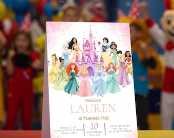 May include: A pink and white princess-themed birthday party invitation. The invitation features illustrations of various princesses in front of a castle. The text reads "Princess Lauren is turning five!" with event details.