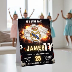 Faire-part d'anniversaire de football style Real Madrid - modèle de toile modifiable pour les garçons - invitation de fête de sport imprimable téléchargement immédiat