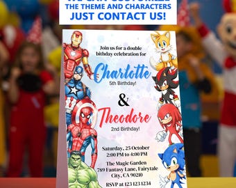 Sonic and Superhero Avengers joint Birthday Invitation Template | Double Party Invite Template (Digital)