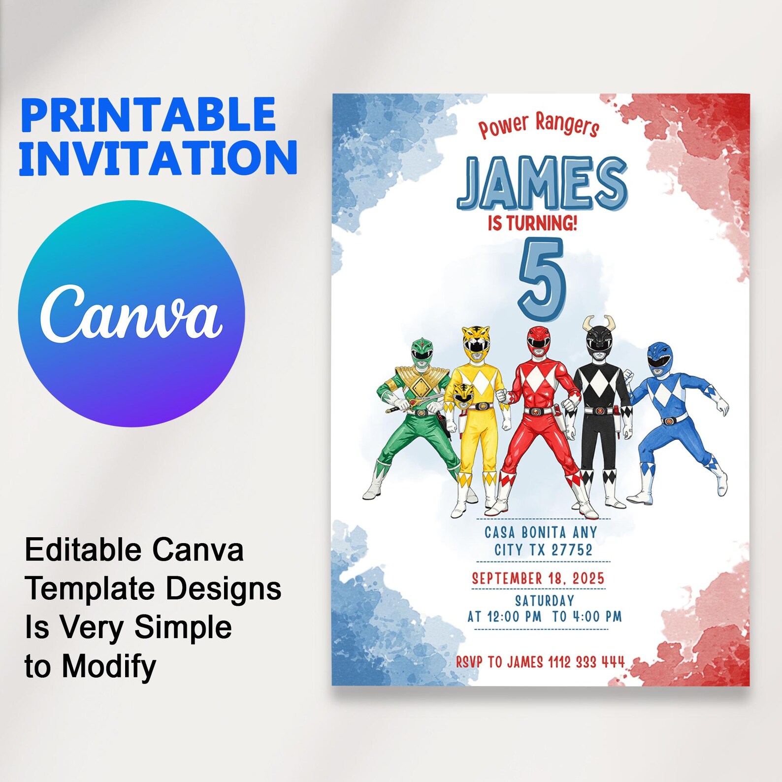 Watercolor Power Rangers Birthday Invitation, Power Rangers Invite ...