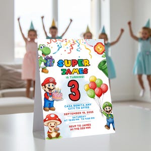 Convite de aniversário do Super Mário para meninos – Modelo para impressão no Canva Convite para Mario, Luigi, Yoshi e seus amigos | Convite para festa de videogame