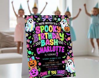 Spooky Birthday Bash Halloween Invitation Neon Girl Ghost Bow Invite Retro Pastel Spooky Printable Party Card Editable Template