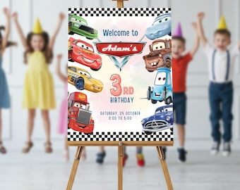 Letrero de bienvenida de cumpleaños de Cars, póster de fiesta de la película Cars, letrero de cumpleaños de Rayo McQueen, decoración imprimible para fiesta temática de autos de carrera